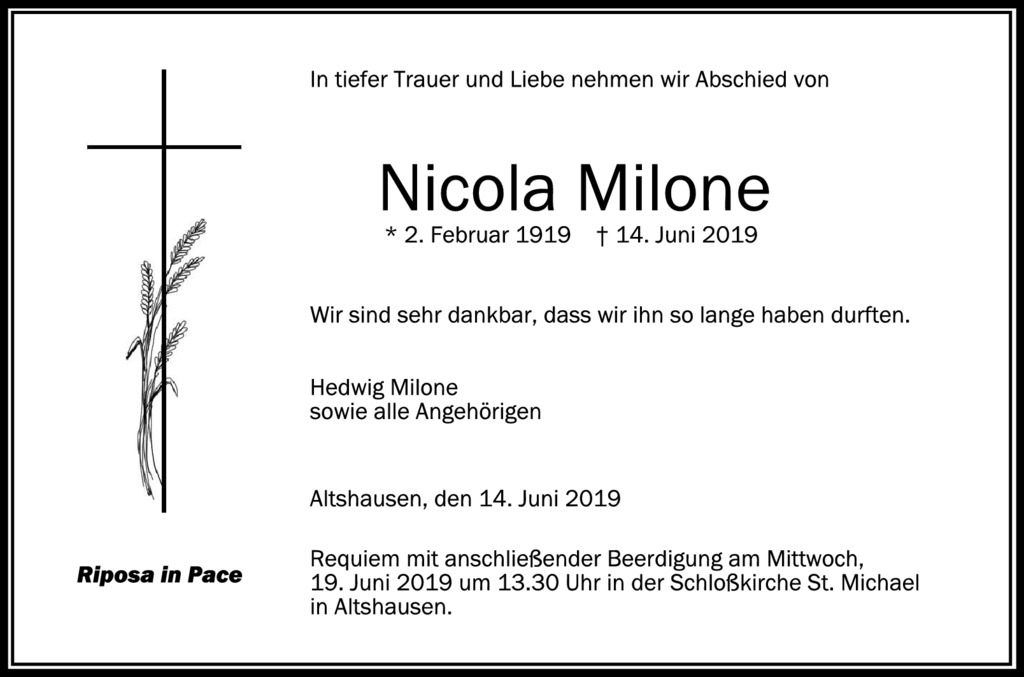 Nicola Milone ist verstorben